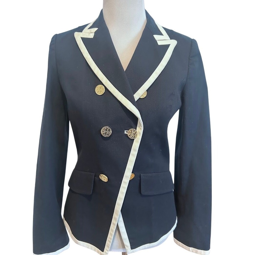 Tory Burch Navy Blue Double Breasted Blazer Gold Logo Buttons White Trim Size 6